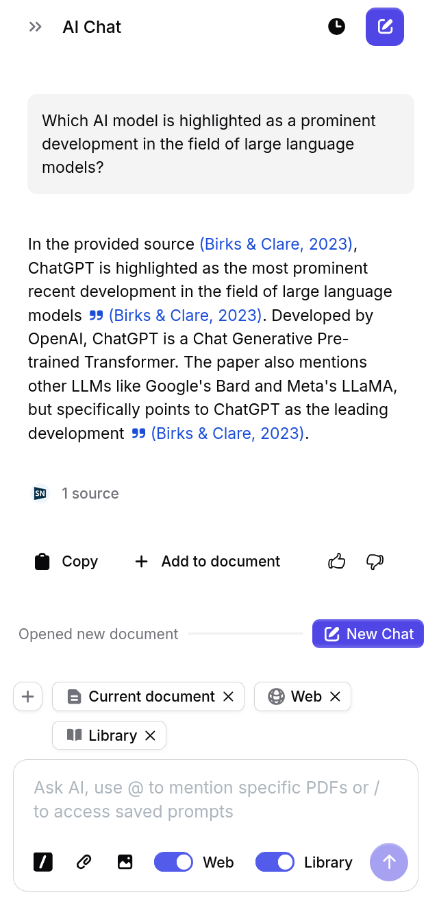 AI Chat panel showing a question about AI models with a cited response referencing Birks and Clare 2023, source attribution, copy and add-to-document buttons, and context source toggles for Current document, Web, and Library