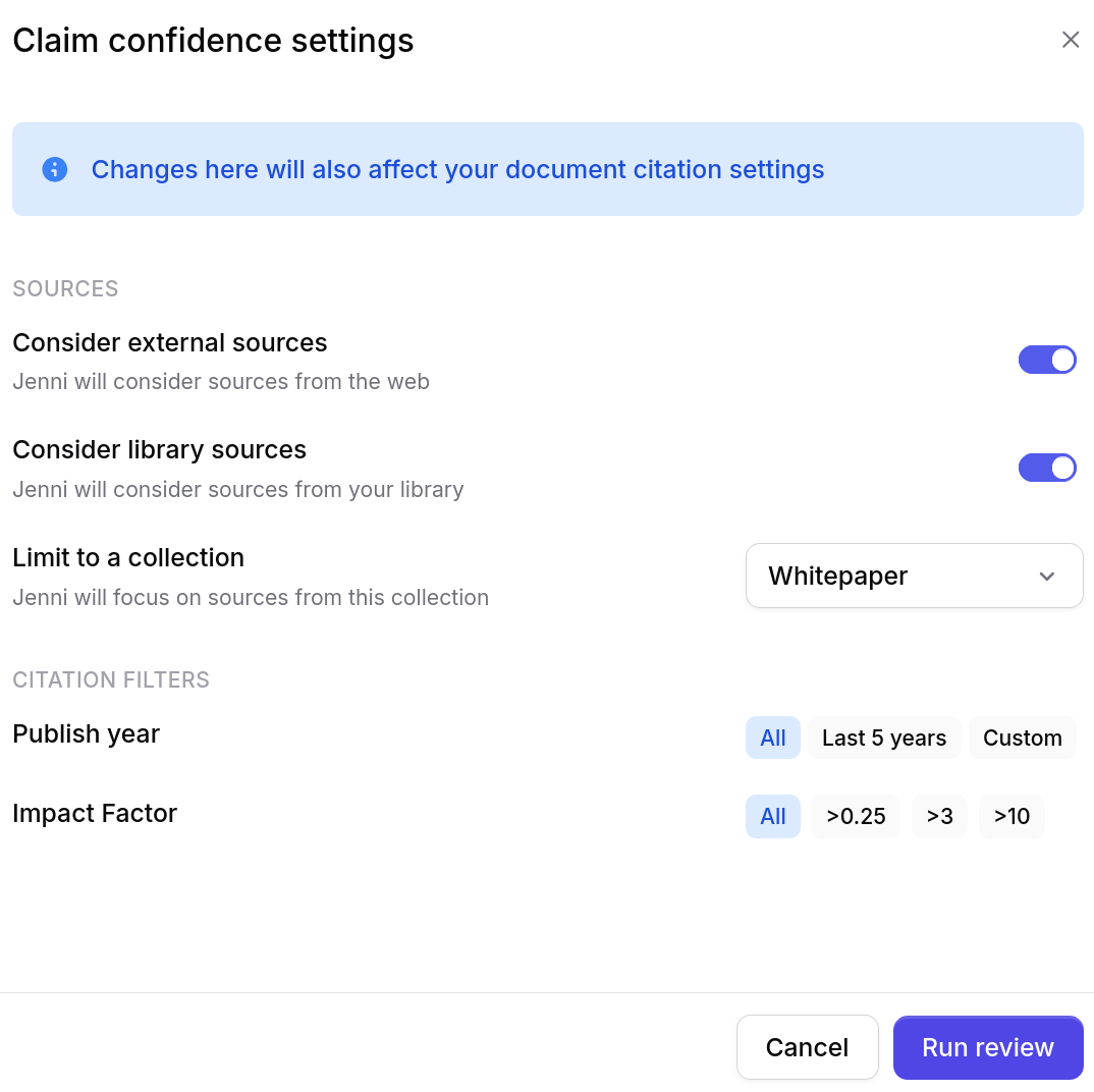 Claim confidence settings panel showing source toggles for external and library sources, a collection filter set to Whitepaper, and citation filters for publish year and impact factor