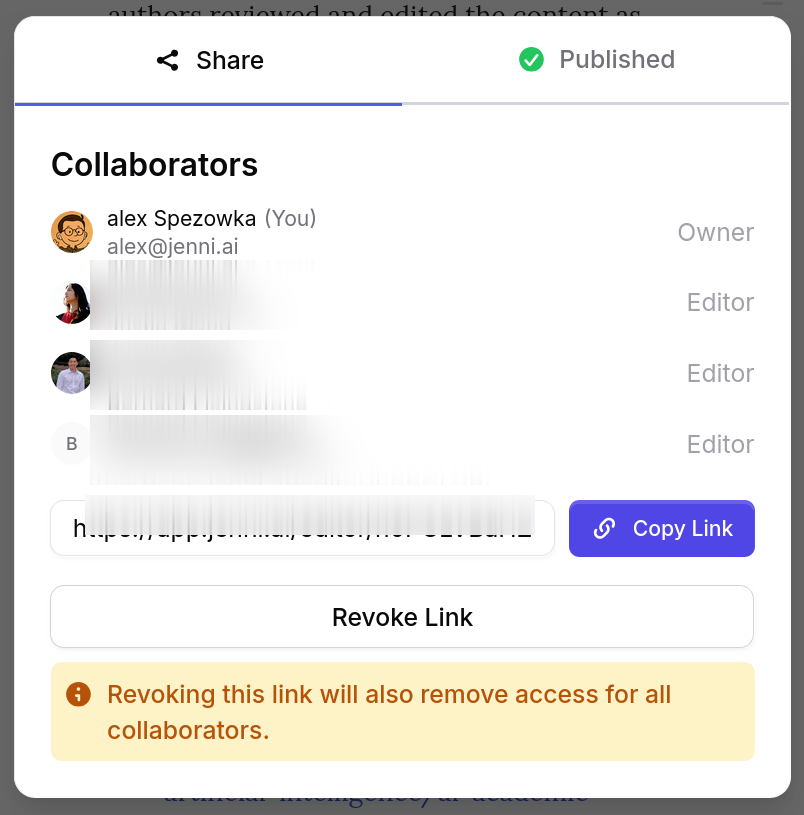 Share modal showing collaborator list with owner and editors, a share link with Copy Link button, and Revoke Link option