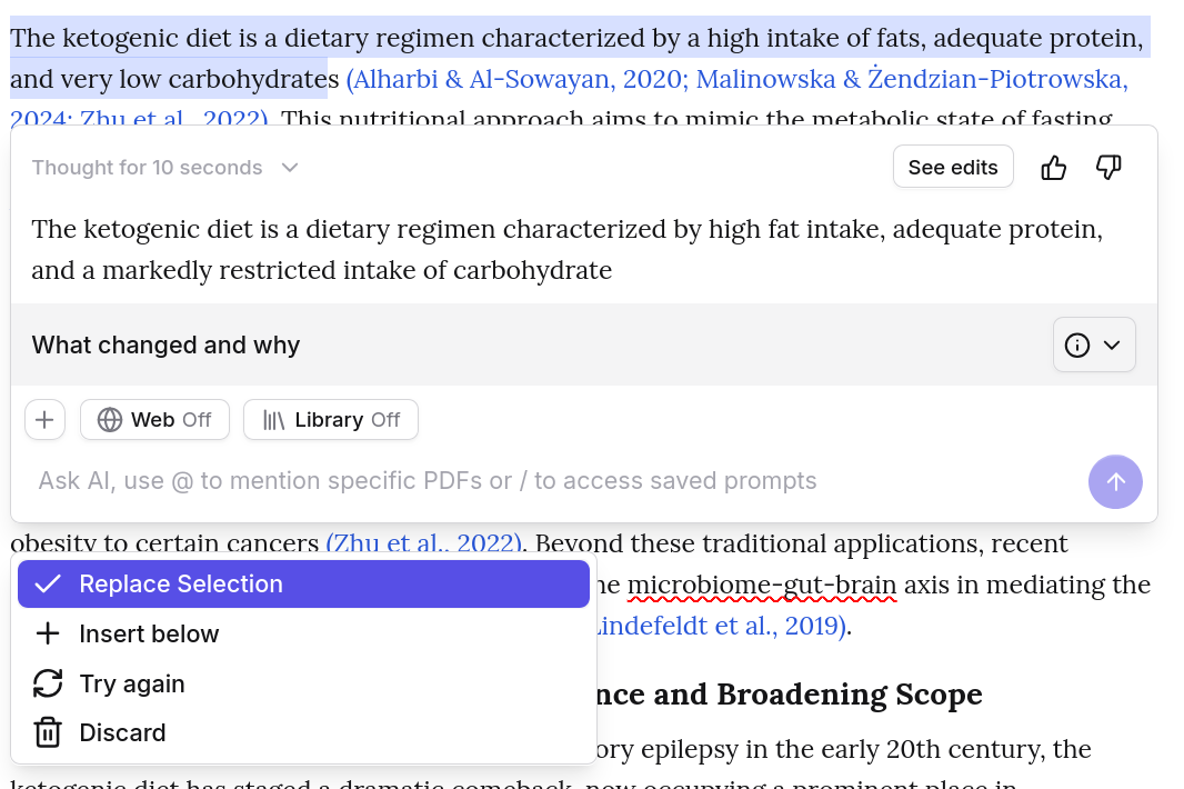 AI Editing result for a ketogenic diet passage, showing the proposed rewrite, See edits and feedback controls, context options, and the Replace Selection, Insert below, Try again, and Discard actions