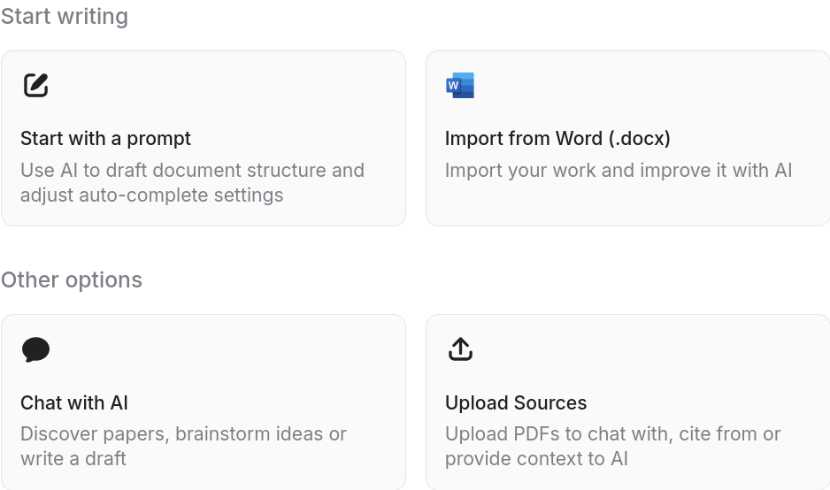New document options showing Start with a prompt, Import from Word, Chat with AI, and Upload Sources cards
