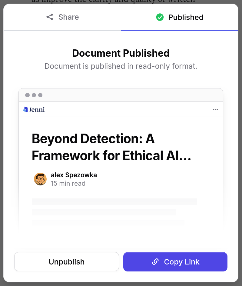 Publish dialog showing Document Published confirmation, a preview card with title and author, and Unpublish and Copy Link buttons