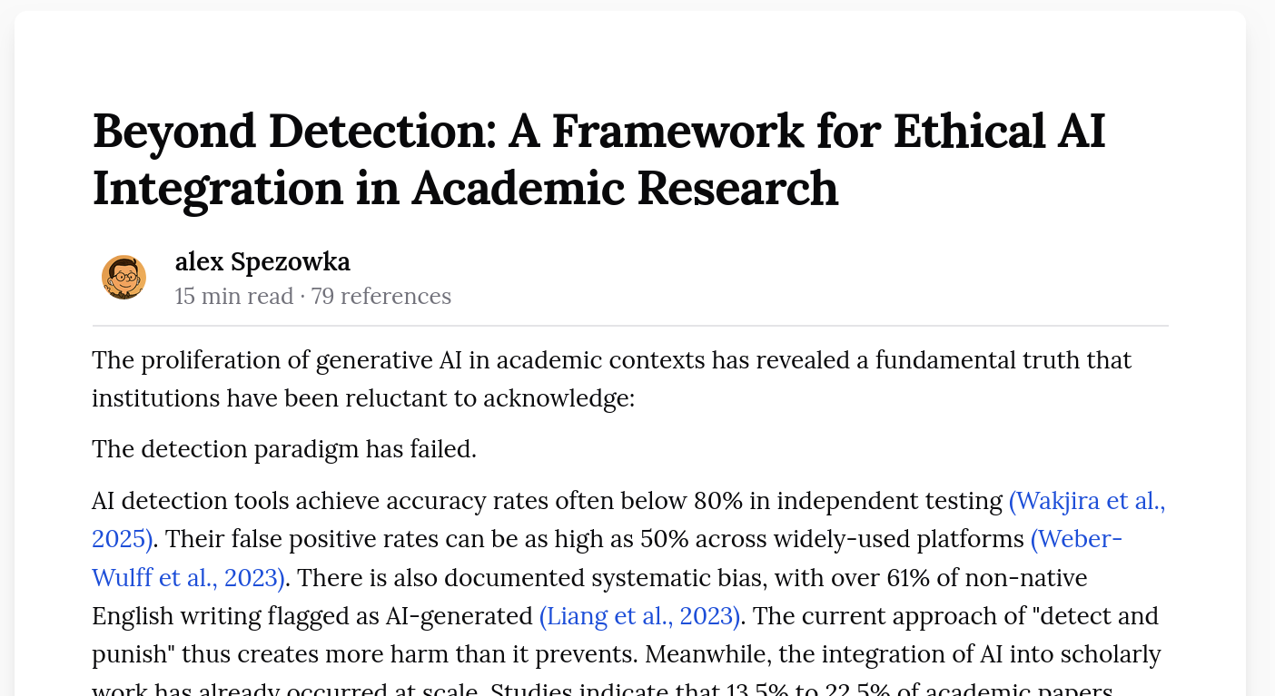 Published document view showing the document title, author avatar, reading time, reference count, and body text with inline citations