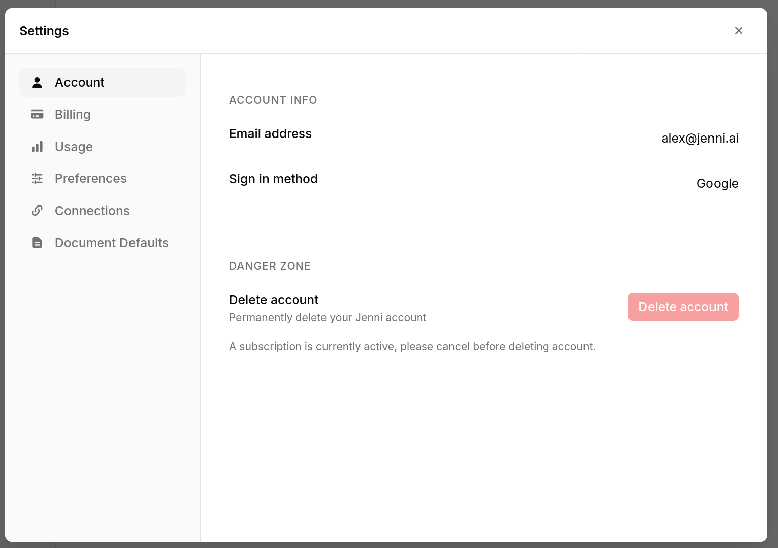 Settings page showing Account tab selected with sidebar navigation for Account, Billing, Usage, Preferences, Connections, and Document Defaults, and the main panel showing email address, sign in method, and delete account option