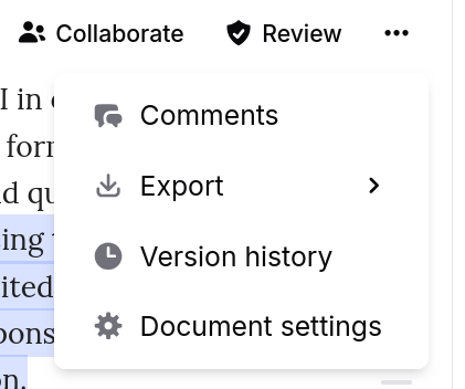 Three-dot menu showing Comments, Export, Version history, and Document settings options